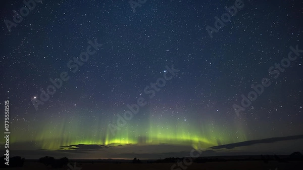 Obraz A stunning celestial display of the vibrant green aurora borealis illuminating the starry night sky over a remote landscape