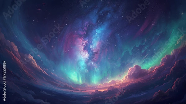 Fototapeta Vibrant Aurora Sky An ethereal aurora borealis lights up a painterly sky with vivid colors and dreamy clouds