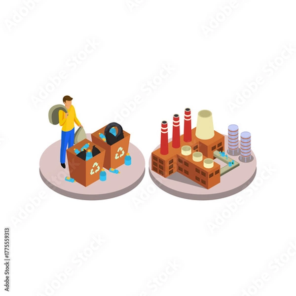 Obraz Recycling plant and a person discarding plastic bottles into recycling bins near a factory