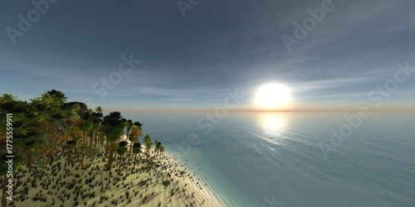 Obraz Beautiful beach with palm trees at sunset, panorama of a tropical landscape, sea sunset,
3d rendering