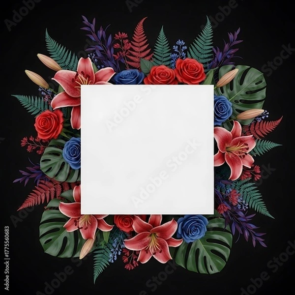 Fototapeta A square frame of red roses, blue roses, pink lilies, and tropical leaves against a black background creates a vibrant and eyecatching design