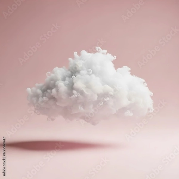 Fototapeta Fluffy white cloud levitates against a soft pink backdrop, casting a gentle shadow, creating a dreamy and ethereal atmosphere for creative projects