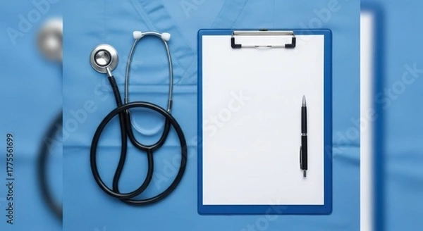 Fototapeta Overhead shot of a stethoscope and clipboard with blank paper on a blue surgical gown, ready for medical notes and diagnosis