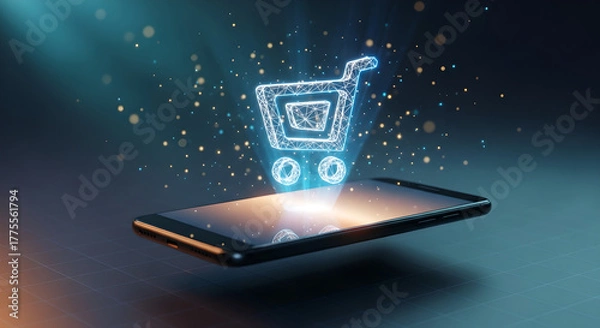 Fototapeta E-commerce Online Shopping Mobile Digital Cart Blue Light Hologram Copy Space