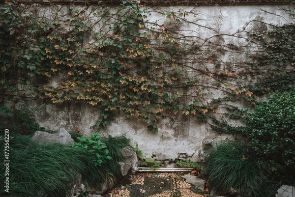 Obraz A weathered stone wall is covered in vibrant green ivy and dried leaves, nestled within a small, mossy garden with rocks and lush greenery. A small stream flows through the scene.