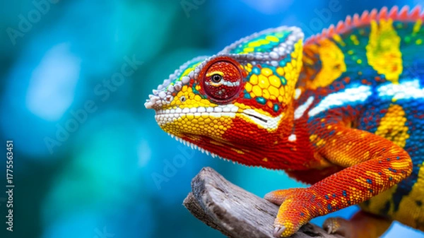 Fototapeta A close-up macro photograph of a vibrant Panther Chameleon's head and partial neck against a blurred turquoise and blue background.