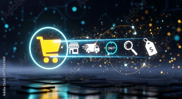Obraz E-commerce Online Shopping Digital Marketing Global Delivery Dark Background
