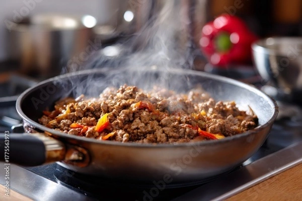 Fototapeta Cooking ground beef with vegetables in frying pan
