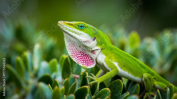 Fototapeta A close-up photograph of a vibrant green anole lizard perched on green foliage.