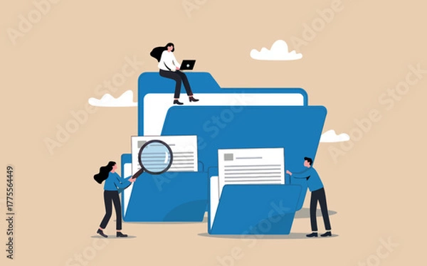 Fototapeta Digital document organization concept with people analyzing files data and information using magnifying glass and laptop