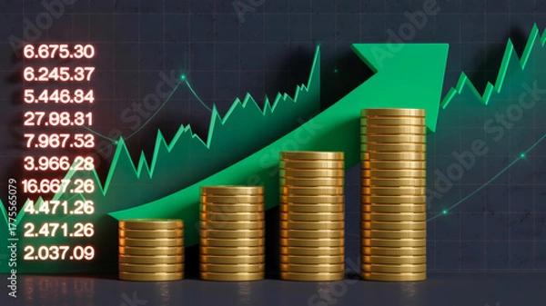 Fototapeta A financial growth chart with a dark background featuring a green upward-trending arrow and stacked gold coins