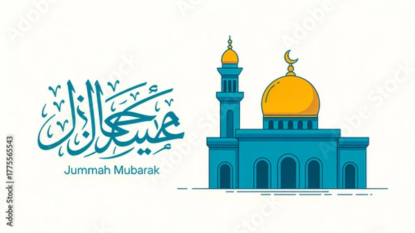 Fototapeta A minimalist illustration of a mosque with a golden dome and minaret against a white backgrou