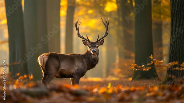 Fototapeta A majestic deer stands in a misty autumn forest, its antlers catching golden sunlight.