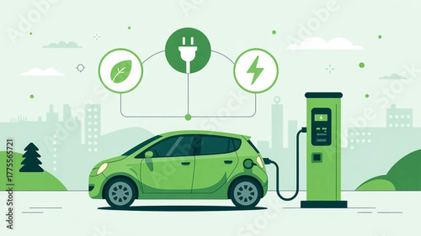 Fototapeta A minimalist illustration of an electric vehicle charging station in a light green color palette