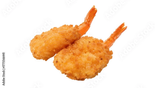 Fototapeta Two golden crispy fried shrimps isolated on transparent background