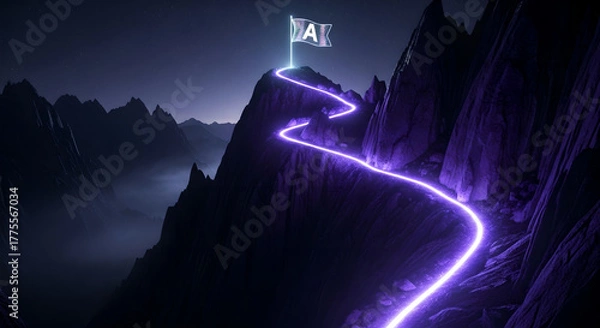 Fototapeta Mountain Path Success Achievement Goal Purple Neon Light Copy Space