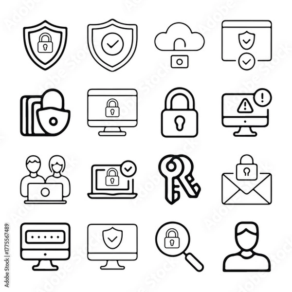 Fototapeta Computer & Cyber Security Thin Line Icons Set – Data Protection, Privacy, Shield & Network Vector