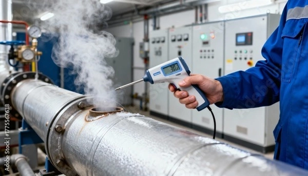Fototapeta A technician measures the temperature of a steaming, leaking industrial pipe with a digital thermometer. Maintenance and safety inspection in a factory. Industrial diagnostics concept