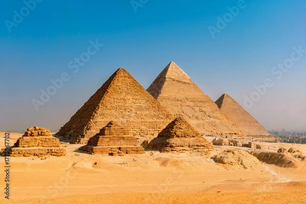 Fototapeta A Daytime Photograph of the Great Pyramids of Giza in the Egyptian Desert under a Clear Blue Sky