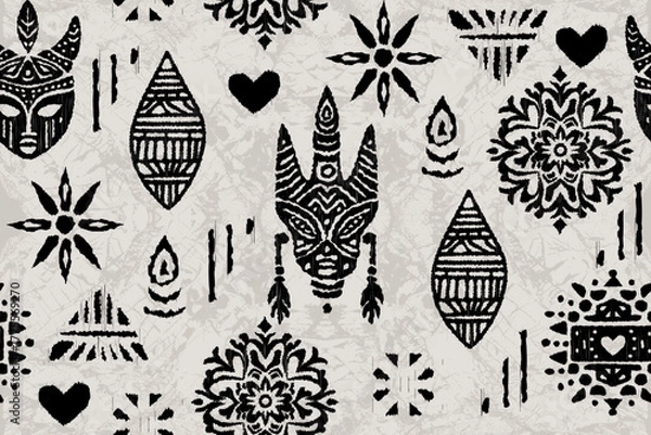 Obraz Tribal African Pattern in Black and White with Ethnic Geometric Motifs. Seamless ethnic Ikat, folk embroidery, Mexican style Aztec geometry for Graphic Arts, Carpet Design,  Wallpaper, Wrapping