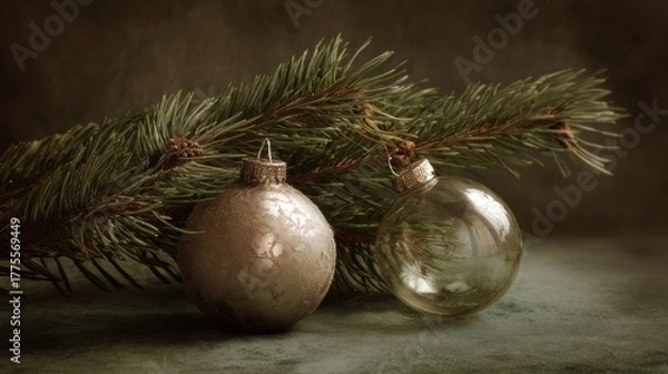 Obraz Christmas ornaments on pine branch holiday decor still life festive atmosphere close-up view seasonal celebration