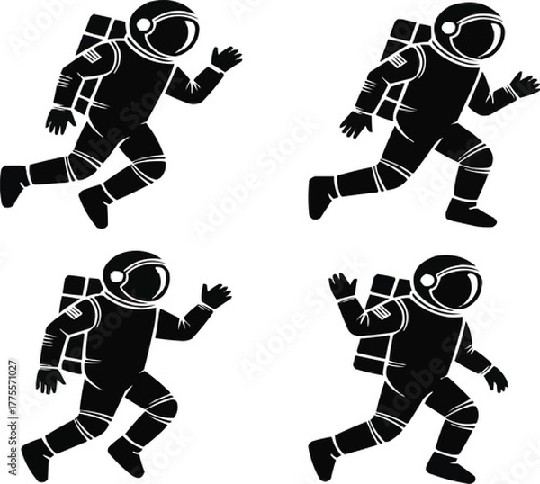 Fototapeta Astronaut Silhouette Set  Four Space Explorer Figures in Motion