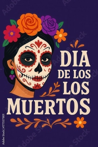 Fototapeta Traditional Mexican Dia de Los Muertos Celebration with Sugar Skulls, Candles and Bright Folk Patterns Generative AI