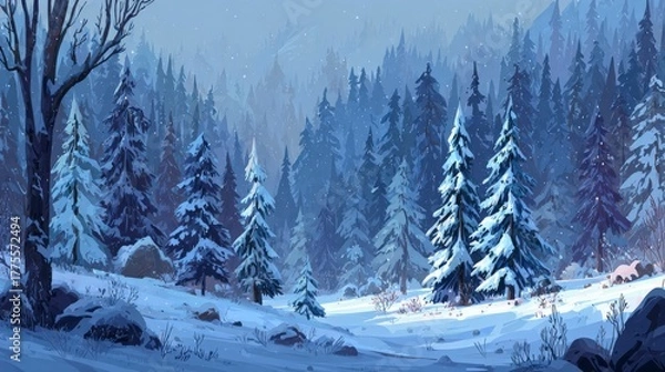 Obraz Snow-covered hillside with pines, cinematic depth and serene winter mood.