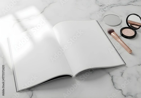 Fototapeta Open magazine mockup on light marble surface beside makeup brush and mirror, soft natural light, beauty and lifestyle theme.