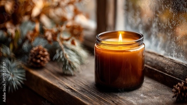 Obraz Winter nature ambiance: warm candle glow and serene snowy exterior.