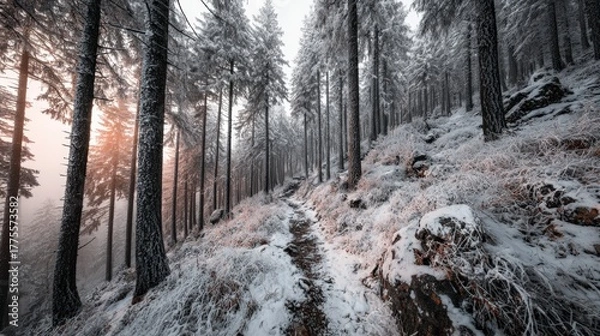 Obraz Winter nature landscape with pristine snow and soft glowing light.