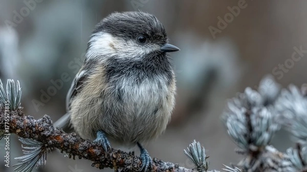 Obraz Close-up of small bird on pine twig, photorealistic winter environment.