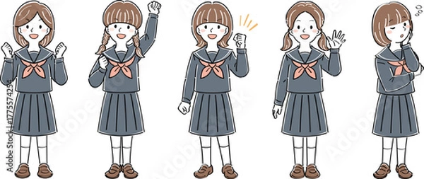 Obraz 制服姿の女子学生の全身イラストセット・様々なポーズと表情（ガッツポーズ、手を振る、悩む）