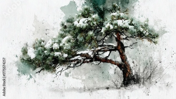 Fototapeta Winter nature minimalism: snow-dusted pine branch on soft neutral background.