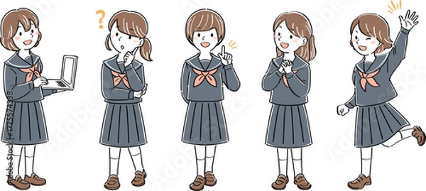 Obraz 制服姿の女子学生の全身イラストセット・様々なポーズと表情（ノートパソコンを使う、疑問、説明、手を振る）