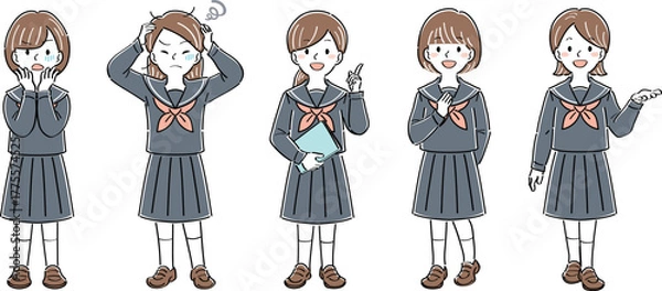 Obraz 制服姿の女子学生の全身イラストセット・様々なポーズと表情（不安、苦悩、説明、納得、案内）
