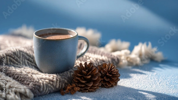Fototapeta A blue mug with hot chocolate sitting on a scarf with pine cones and a blue background in winter light
