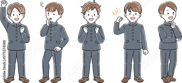 Obraz 制服姿の男子学生の全身イラストセット・様々なポーズと表情（ガッツポーズ、考える、悩む）