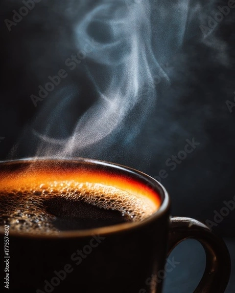 Fototapeta Steaming hot coffee in dark mug
