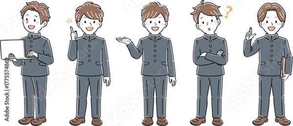 Obraz 制服姿の男子学生の全身イラストセット・様々なポーズと表情（ノートパソコン、説明、案内、疑問）