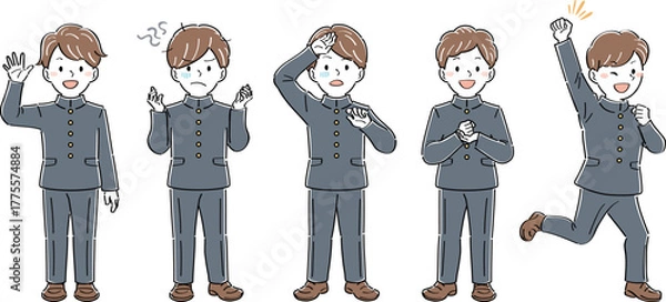 Obraz 制服姿の男子学生の全身イラストセット・様々なポーズと表情（手を振る、不安、苦悩、納得）