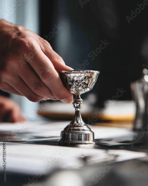 Obraz Silver chalice held by hand indoors