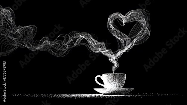 Fototapeta Abstract Coffee Cup Line Drawing with Delicate Heart-Shaped Steam Cloud in a Serene and Modern Artistic Style