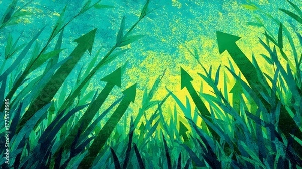 Fototapeta Artistic Representation of Stylized Green Arrows Emerging from Vibrant Grass to Embody Eco-Innovation and the Sustainable Environmental Movement