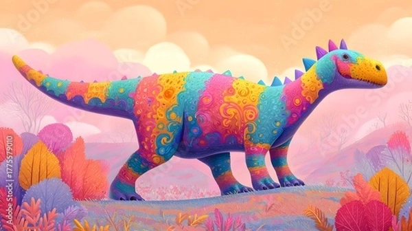 Fototapeta Playful Multi-Colored Dinosaur in a Stylized Cartoon with Rainbow Effects on a Gentle Hillside Beneath a Soft Pastel Horizon Evoking Fantasy Energy