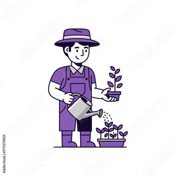 Obraz Gardener character watering small plants in pots demonstrating plant care and sustainable agriculture flat line illustration
