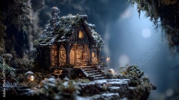 Fototapeta Ethereal Micro Cottage Emerging from Mystic Mists in a Mythical Forest, Expertly Crafted by Gnome and Troll Artisans in a Surreal Setting