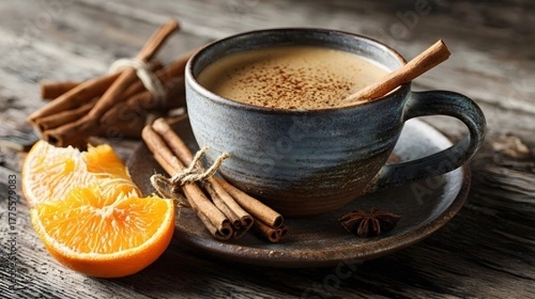 Fototapeta Artistic depiction of a cup of coffee adorned with cinnamon sticks and a zesty orange on a rustic wooden table emphasizing its nutritious coconut milk and mocha blend for sensitive individuals