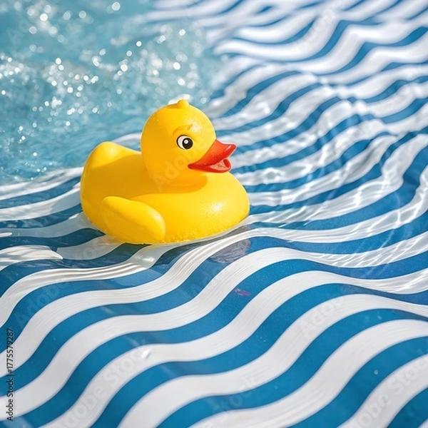 Fototapeta Yellow Rubber Duck on Blue and White Striped Waves