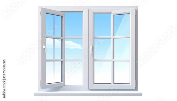 Fototapeta A white, open window with a view of a blue sky and a few clouds is rendered in a simple, digital illustration